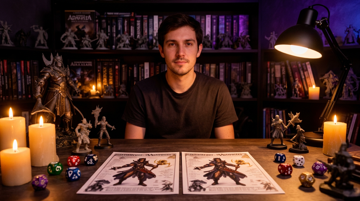 A player at their desk with dice and a character sheet