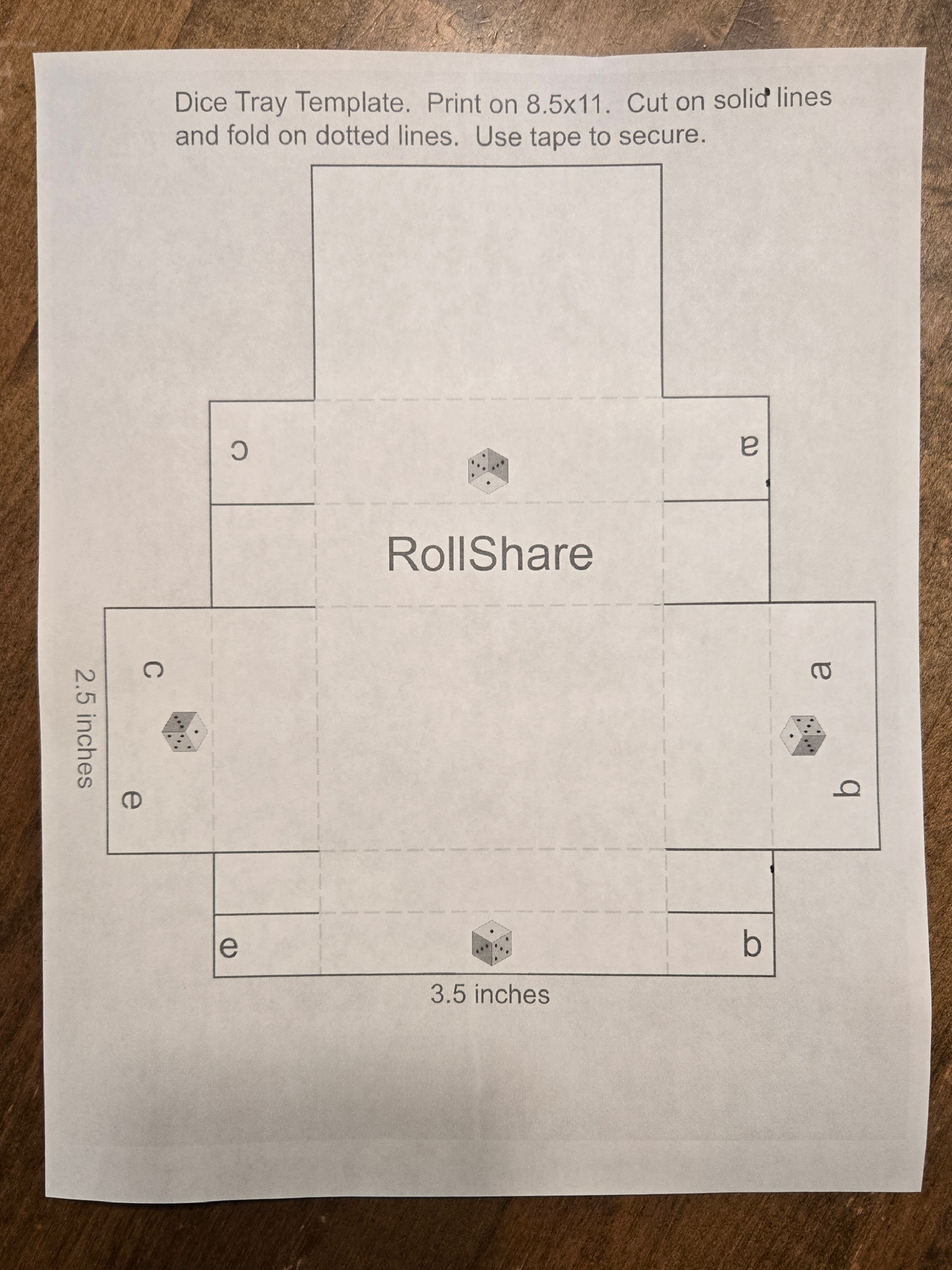 Dice tray template — print on 8.5x11